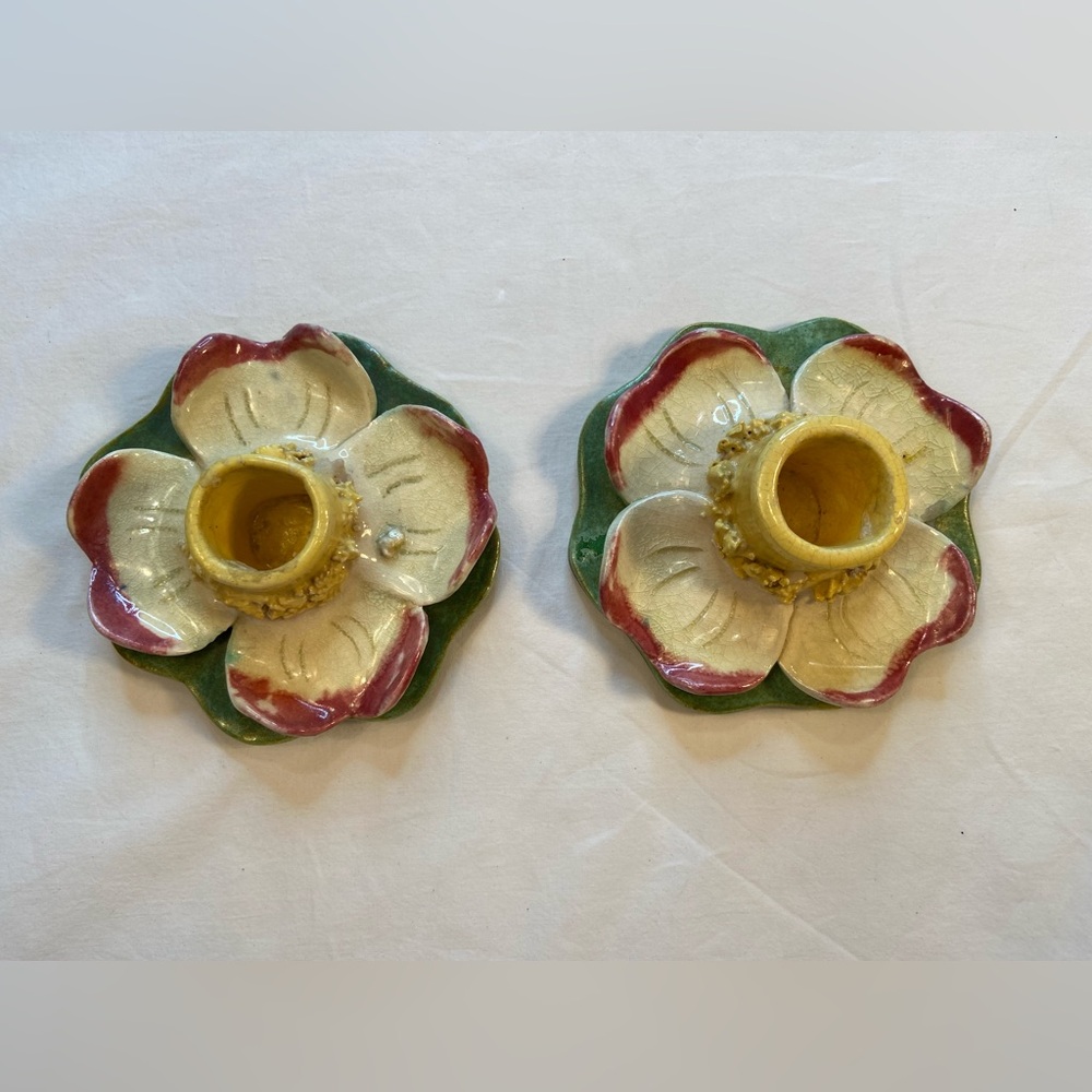 Vintage Ceramic Pair Candle holders, looks like dogwood flowers.  Low‎ Profile.